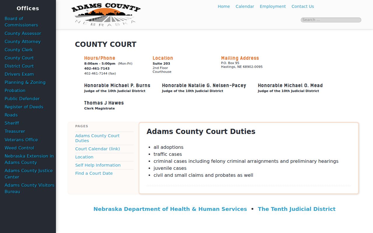 Hastings resident lookup Adams County Court contact and jurisdiction details