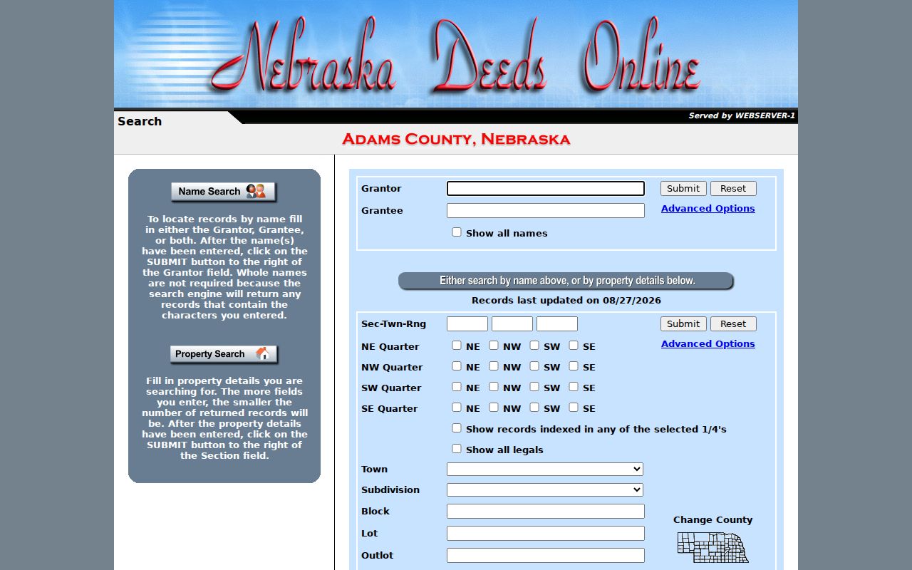 Hastings street directory Adams County deeds search page